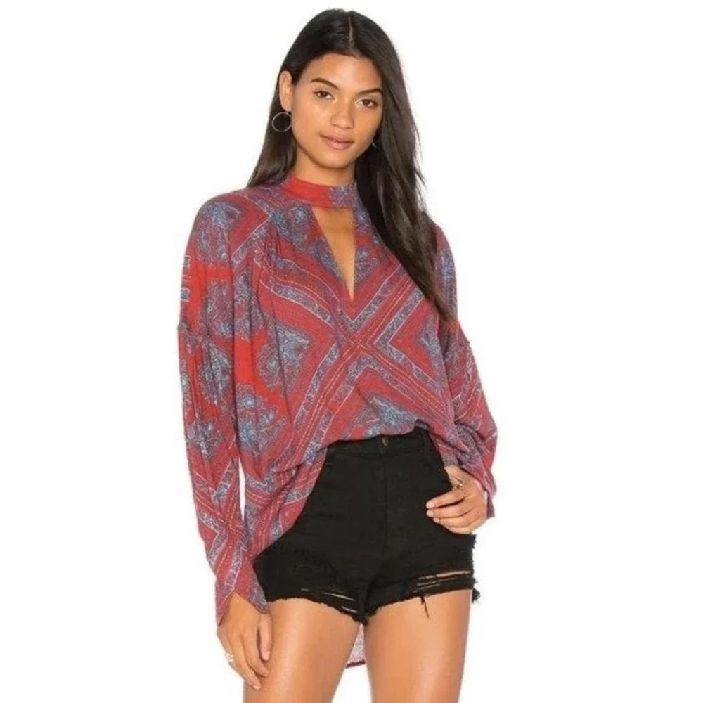 Free People Walking on a Dream Red & Blue Printed Long Sleeve‎ Tunic large